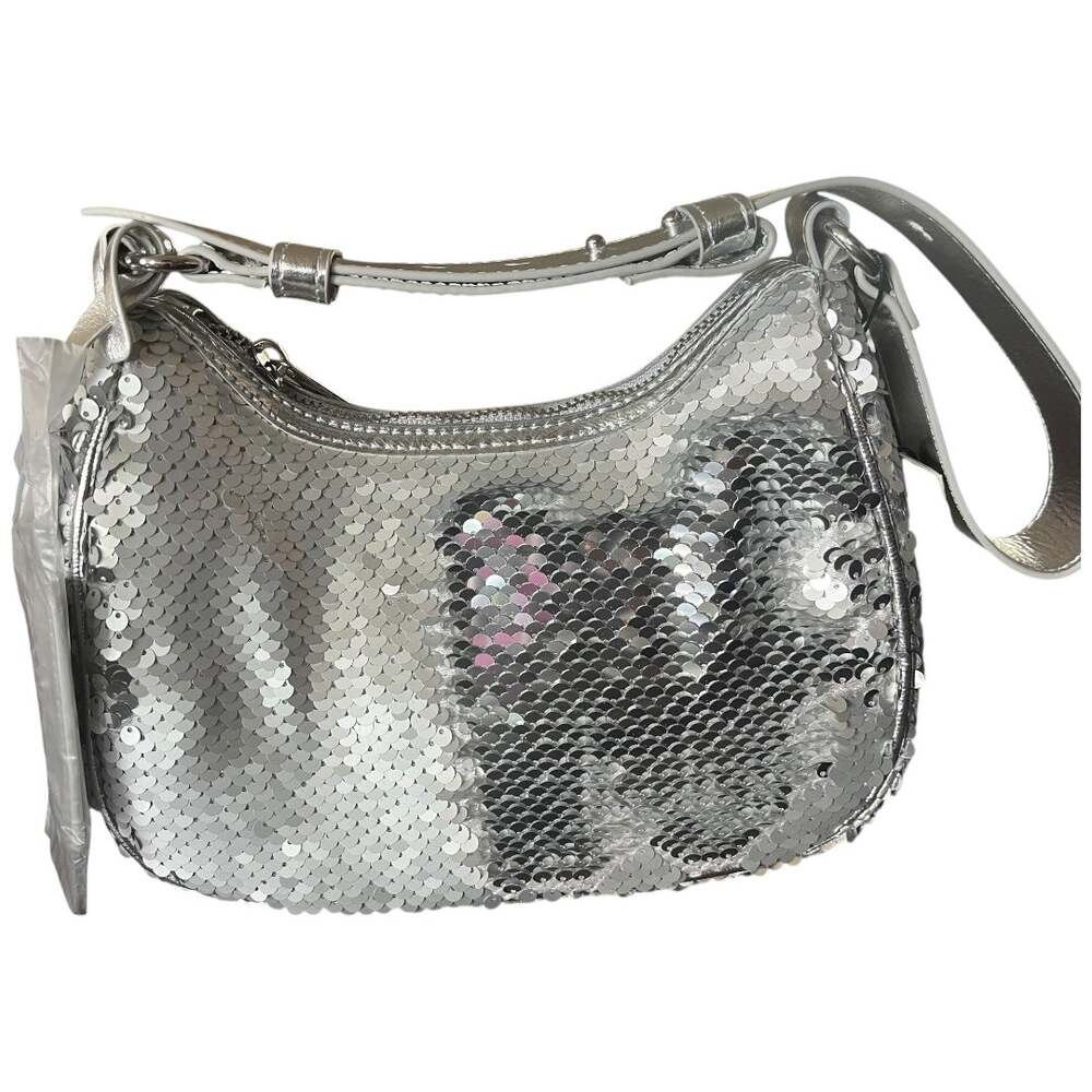 Nicole Miller silver sequin crescent shoulder crossbody bag w/ luggage tag NWT